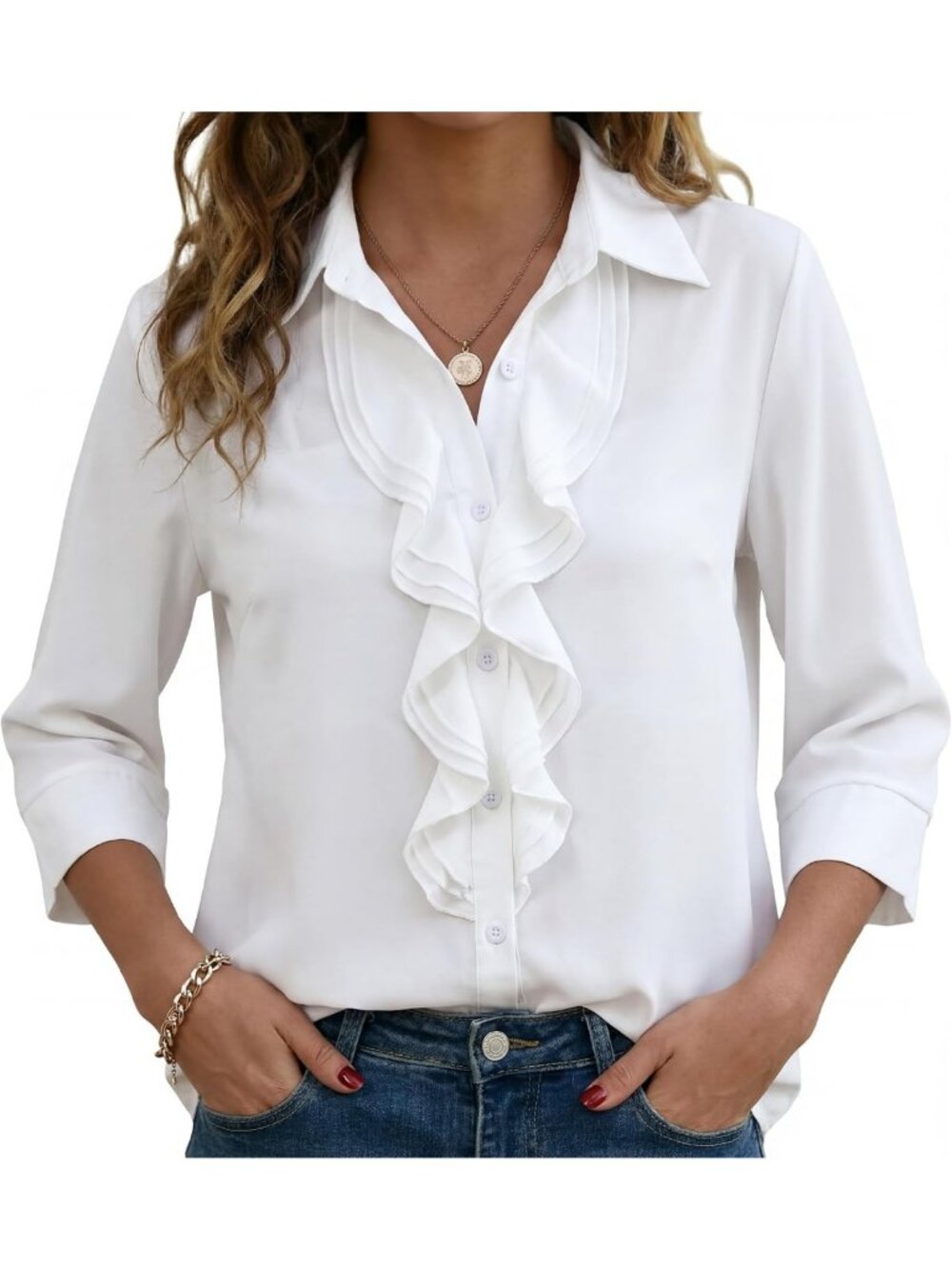 Chic Ruffle Front Collared 3/4 Sleeve Button Down Blouse for Women - Stylish Top
